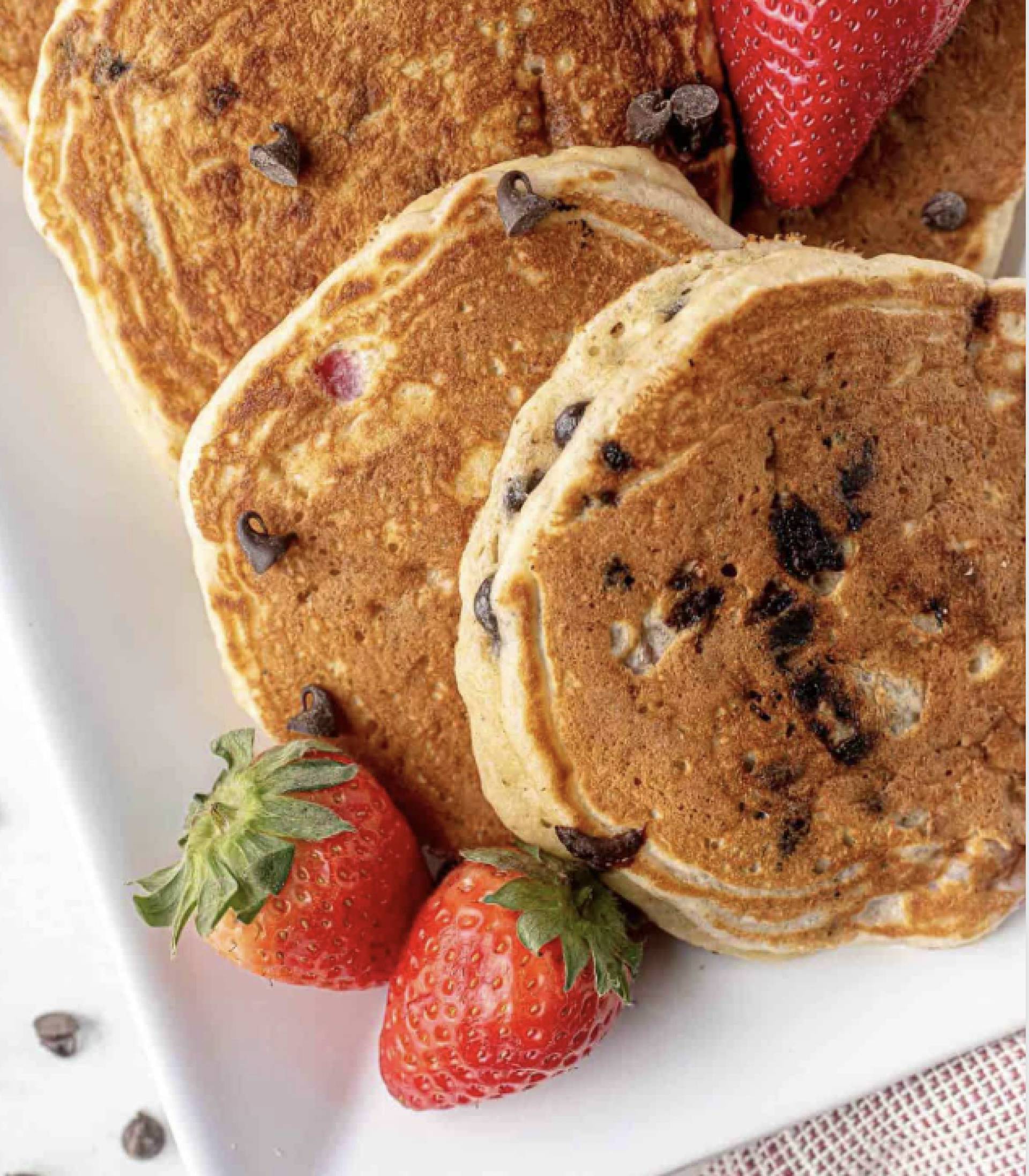 Chocolate Chip Protein Pancakes with Thin Sliced Turkey Bacon & Fruit