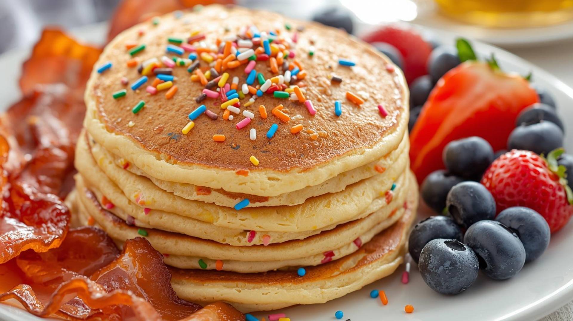 Birthday Cake Pancakes with Turkey Bacon & Fruit